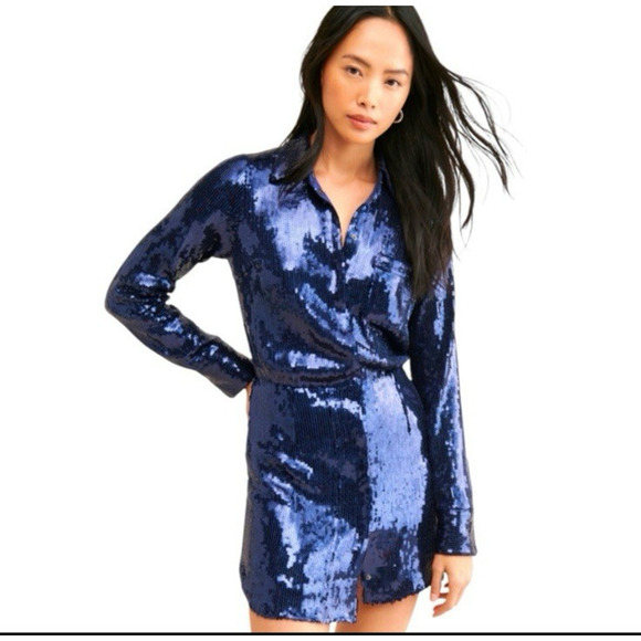 Free People Sequin Mini Dress Sophie Navy Snap Front Collared Shirt Size Small - Picture 1 of 12